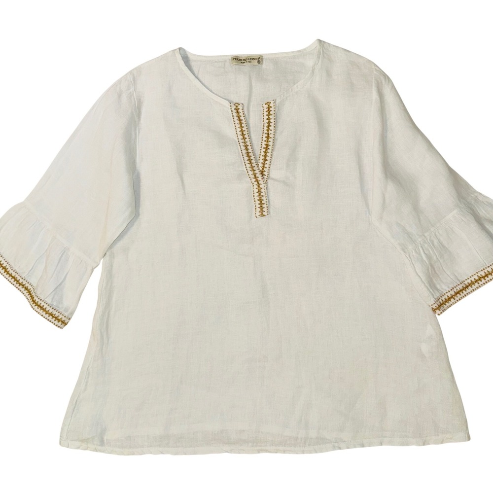 TERZO MILLENNIO White Linen Embroidered V Neck Tunic Top‎ M Made in Italy